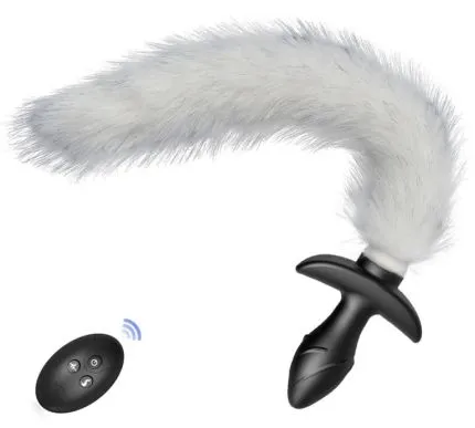 White Faux Fur Anal Plug with Vibration