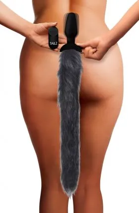 Grey Fur Tail with Plug and Vibration